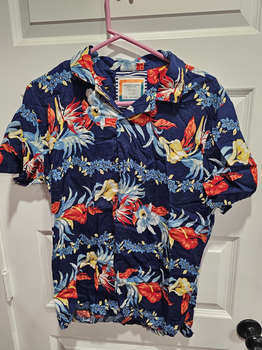 Denim & Flower Navy Short-Sleeve Floral Camp Shirt with Red & Yellow Blooms